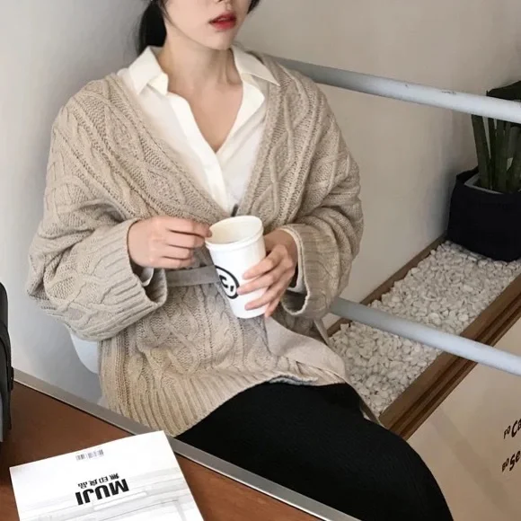 Cardigan belt sweater cable knit khaki womens long sleeve top - Picture 7 of 7